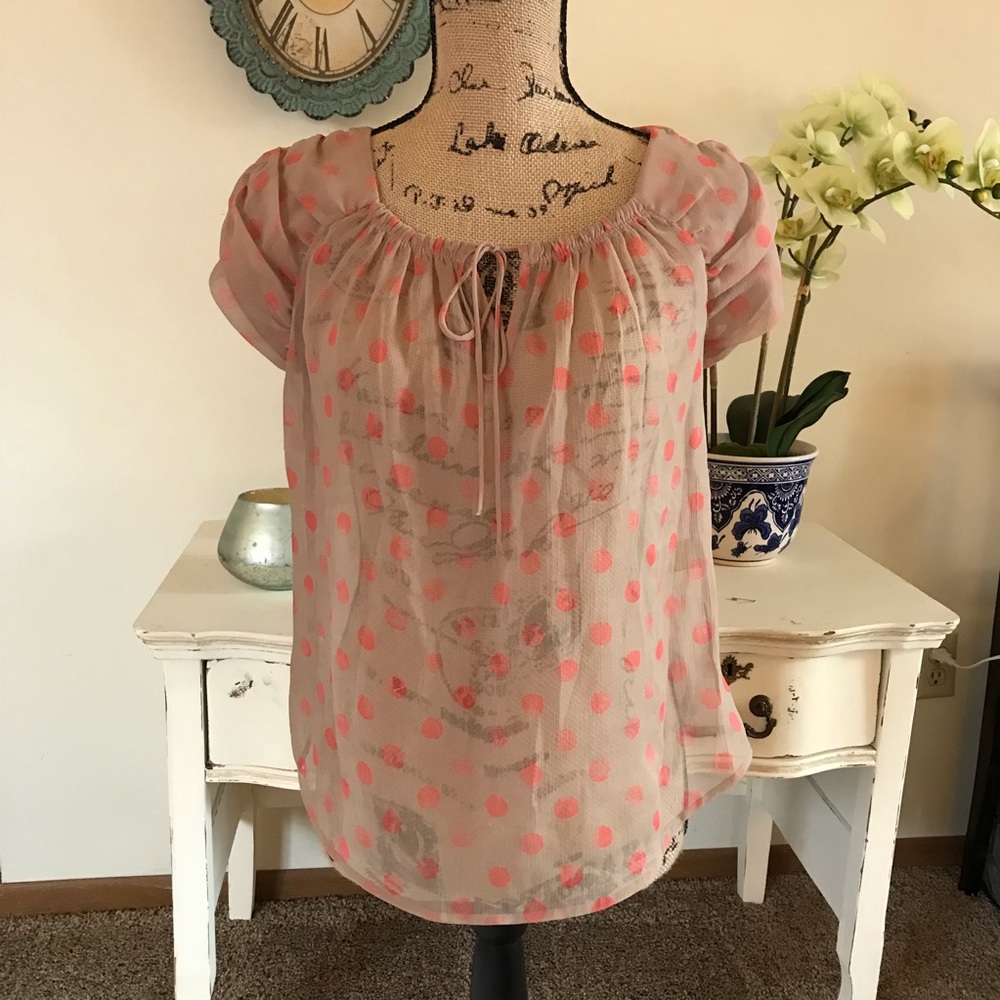 Vera Wang tan and pink polkadot chiffon top